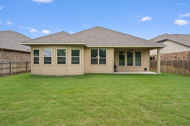 416 Hereford Loop, Hutto, TX 78634 - rear view of property with a patio area, a fenced backyard, a ceiling fan, and roof with shingles
