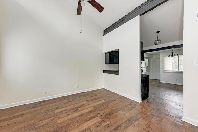 1010 W 23rd St Unit 2, Austin, TX 78705 - unfurnished living room featuring high vaulted ceiling, ceiling fan, a chandelier, and dark wood-style flooring