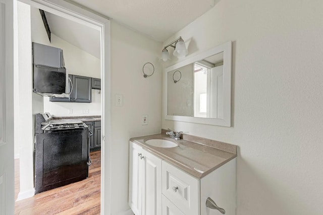 1010 W 23rd St Unit 2, Austin, TX 78705 - bathroom featuring vanity, wood finished floors, and vaulted ceiling