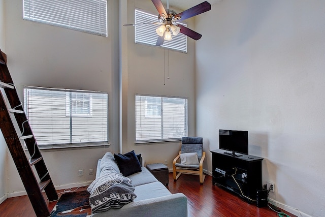 1010 W 23rd St Unit 2, Austin, TX 78705 - living area with a ceiling fan, wood finished floors, and a high ceiling