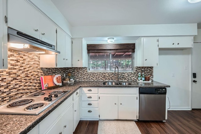 9504 Hansford Dr, Austin, TX 78753 - kitchen with stainless steel appliances, ventilation hood, dark wood-style floors, and white cabinetry