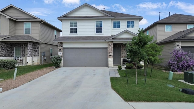 2961 Brogan Crk, New Braunfels, TX 78130 - view of front facade with an attached garage, a front lawn, driveway, brick siding, and roof with shingles