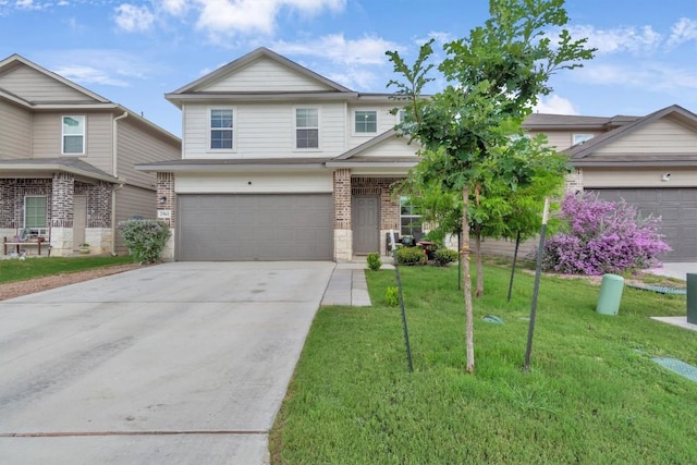 2961 Brogan Crk, New Braunfels, TX 78130 - view of front of property with driveway, a front lawn, a garage, and brick siding