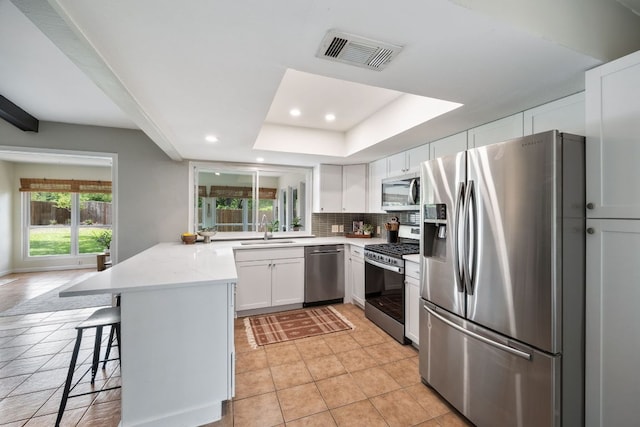 1406 Radam Cir, Austin, TX 78745 - kitchen featuring appliances with stainless steel finishes, a peninsula, recessed lighting, white cabinets, and a tray ceiling