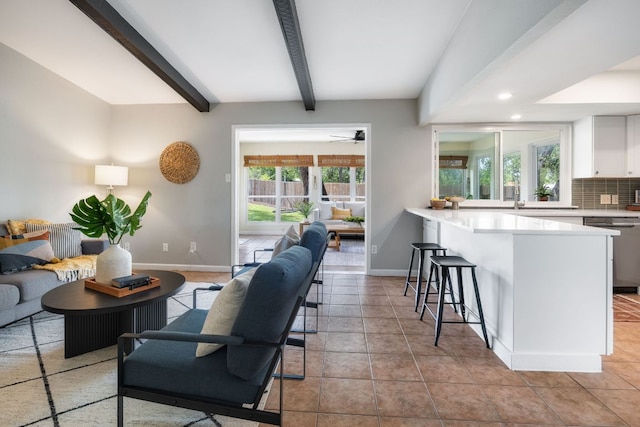 1406 Radam Cir, Austin, TX 78745 - living area featuring beamed ceiling, recessed lighting, and ceiling fan