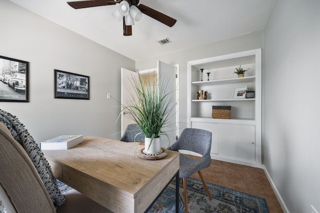 1406 Radam Cir, Austin, TX 78745 - dining area with a ceiling fan, tile patterned flooring, and built in features