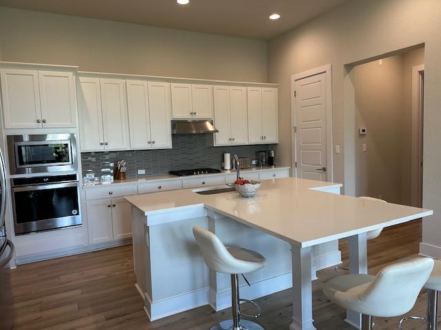 900 Elenora Dr, Leander, TX 78641 - kitchen with appliances with stainless steel finishes, under cabinet range hood, decorative backsplash, dark wood-style floors, and recessed lighting