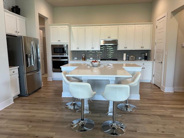 900 Elenora Dr, Leander, TX 78641 - kitchen featuring appliances with stainless steel finishes, under cabinet range hood, white cabinetry, light countertops, and wood finished floors