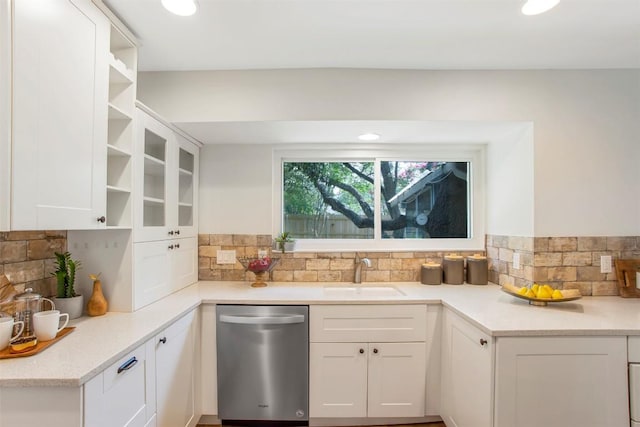 4504 Bilboa Dr, Austin, TX 78759 - kitchen featuring stainless steel dishwasher, backsplash, white cabinets, open shelves, and recessed lighting