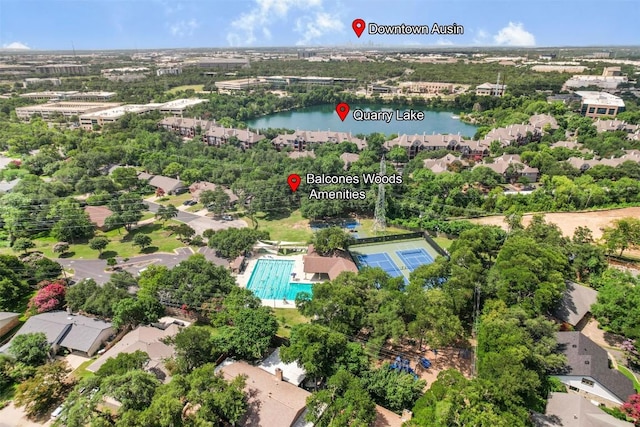 4504 Bilboa Dr, Austin, TX 78759 - aerial overview of property's location featuring a large body of water and a pool