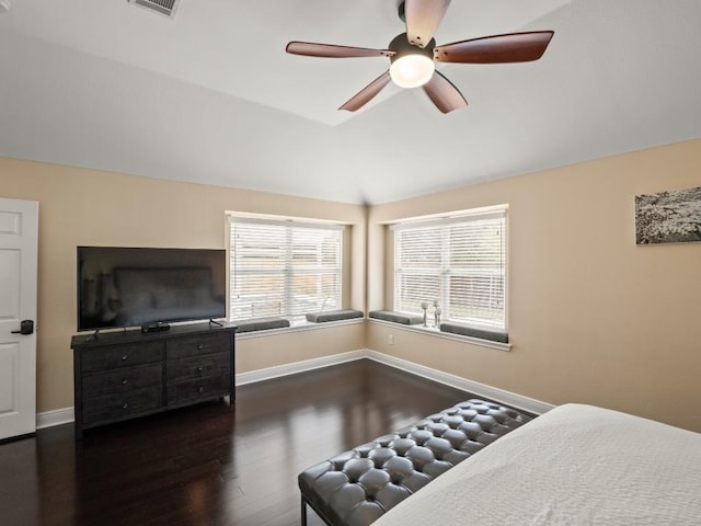 2520 Butler National Dr, Pflugerville, TX 78660 - bedroom featuring multiple windows, wood finished floors, lofted ceiling, and ceiling fan