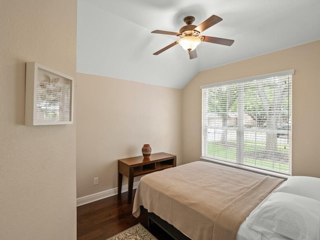2520 Butler National Dr, Pflugerville, TX 78660 - bedroom featuring lofted ceiling, dark wood finished floors, and ceiling fan