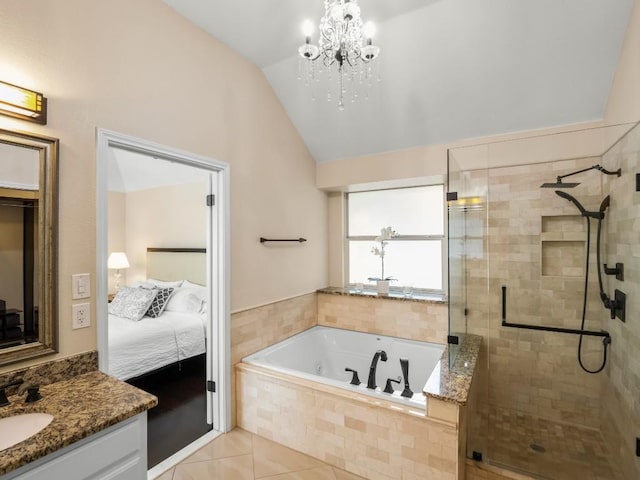 2520 Butler National Dr, Pflugerville, TX 78660 - ensuite bathroom with vaulted ceiling, a shower stall, a whirlpool tub, vanity, and tile patterned floors