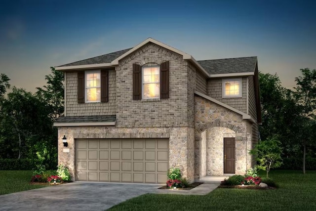 621 Runnel Dr, Leander, TX 78641 - view of front of property featuring a garage, stone siding, concrete driveway, roof with shingles, and a front yard
