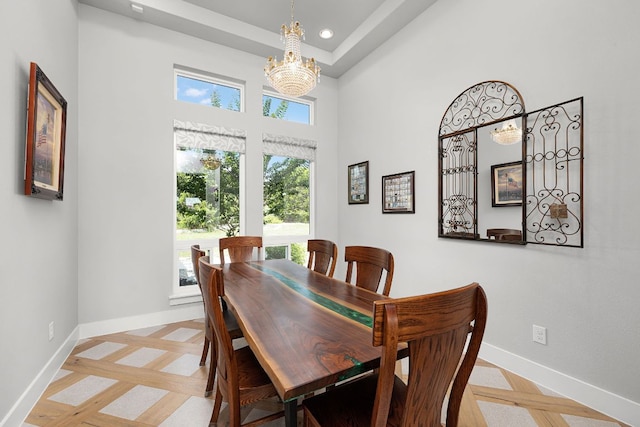 2250 Meritage, New Braunfels, TX 78132 - dining space with a chandelier, a towering ceiling, and recessed lighting