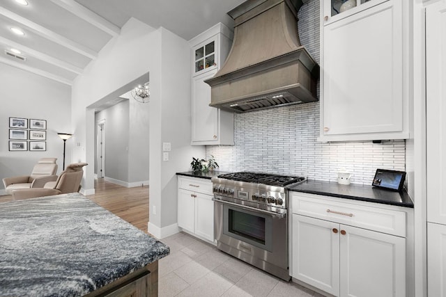 2250 Meritage, New Braunfels, TX 78132 - kitchen with high end range, custom exhaust hood, backsplash, glass insert cabinets, and open floor plan