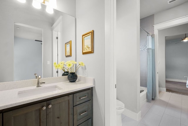 2250 Meritage, New Braunfels, TX 78132 - full bath featuring vanity, tile patterned floors, shower / bath combination with curtain, and a ceiling fan