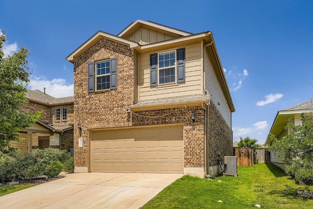 16912 Alturas Ave, Pflugerville, TX 78660 - view of front of home featuring an attached garage, concrete driveway, board and batten siding, and brick siding