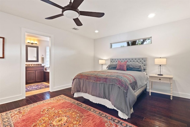 4104 Honeycomb Rock Cir, Austin, TX 78731 - bedroom featuring hardwood / wood-style flooring, connected bathroom, recessed lighting, multiple windows, and ceiling fan