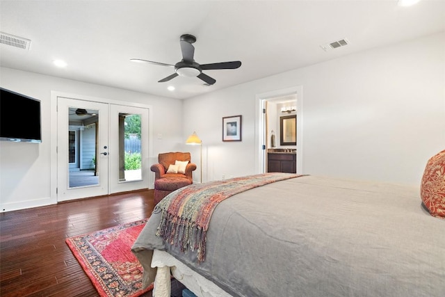 4104 Honeycomb Rock Cir, Austin, TX 78731 - bedroom featuring access to exterior, wood-type flooring, recessed lighting, french doors, and ceiling fan