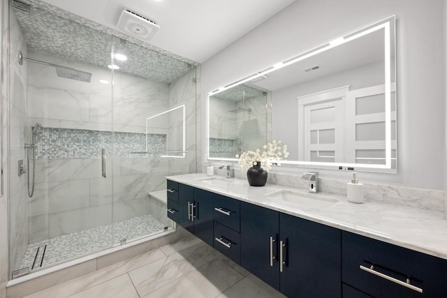 3501 Lost Pine Cv, Austin, TX 78739 - bathroom with double vanity, marble finish flooring, and a stall shower