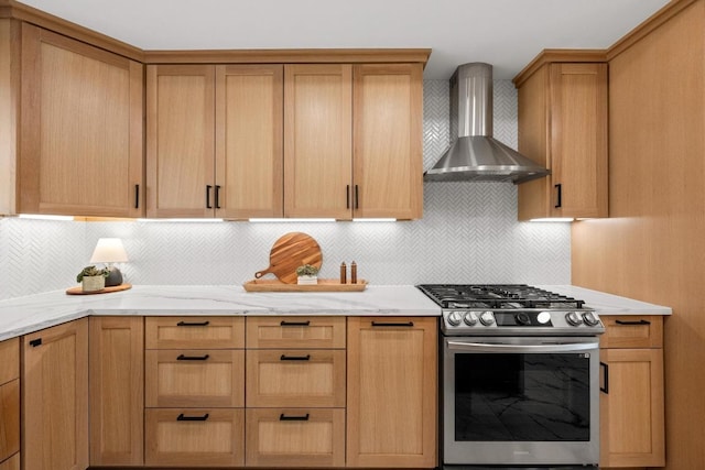 3501 Lost Pine Cv, Austin, TX 78739 - kitchen featuring wall chimney exhaust hood, stainless steel gas stove, light stone countertops, and decorative backsplash