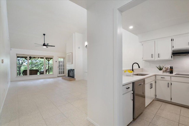 8432 Antero Dr, Austin, TX 78759 - kitchen featuring under cabinet range hood, ceiling fan, light countertops, black electric cooktop, and dishwasher