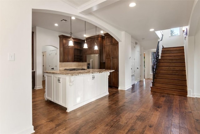 790 Enchanted Oaks Dr, Driftwood, TX 78619 - kitchen featuring stainless steel appliances, tasteful backsplash, dark wood-type flooring, and recessed lighting
