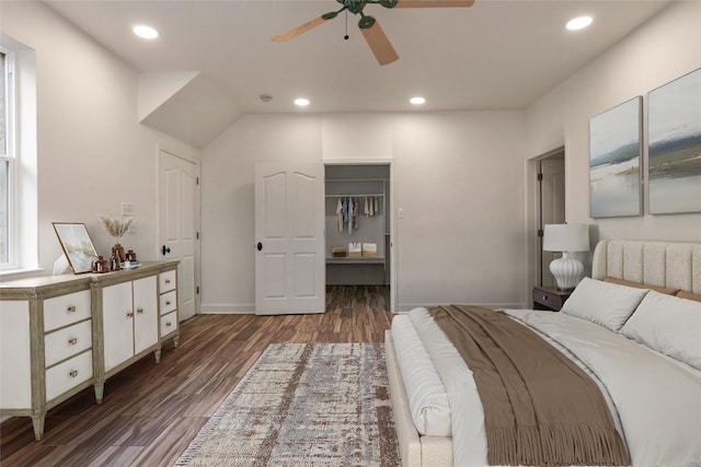 790 Enchanted Oaks Dr, Driftwood, TX 78619 - bedroom with wood finished floors, recessed lighting, a spacious closet, and ceiling fan