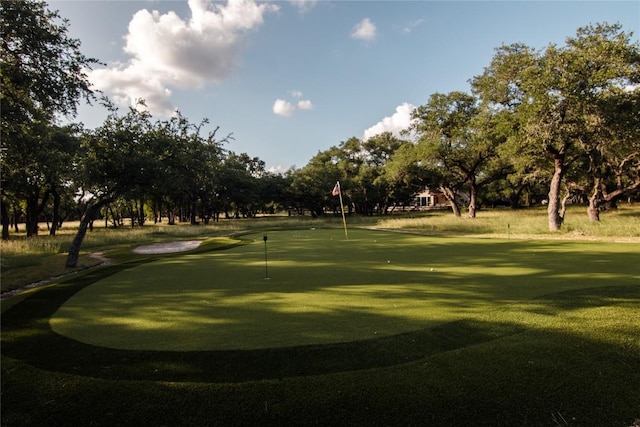 790 Enchanted Oaks Dr, Driftwood, TX 78619 - view of community featuring a putting area, view of wooded area, and golf course view