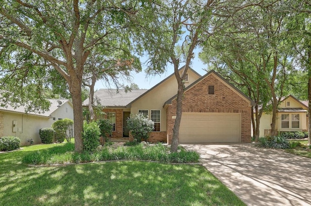 113 Stetson Trl, Georgetown, TX 78633 - ranch-style home with brick siding, an attached garage, concrete driveway, and a front lawn