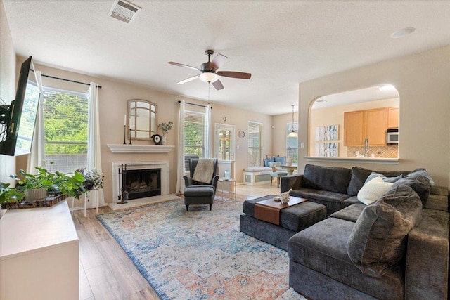 2818 Shadowpoint Cv, Round Rock, TX 78665 - living area with healthy amount of natural light, a ceiling fan, a fireplace with raised hearth, and light wood-type flooring