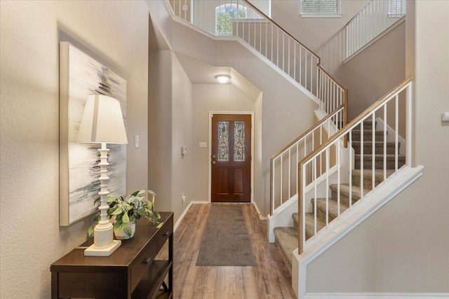 2818 Shadowpoint Cv, Round Rock, TX 78665 - entrance foyer with wood finished floors, stairs, and a high ceiling