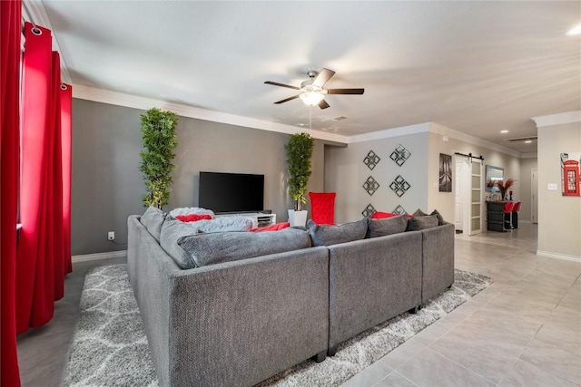 540 Appalachian Trl, Leander, TX 78641 - living area with a ceiling fan, a barn door, ornamental molding, recessed lighting, and light tile patterned floors