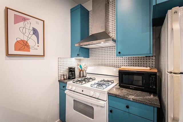 3405 Cedar St, Austin, TX 78705 - kitchen featuring white appliances, wall chimney exhaust hood, blue cabinets, backsplash, and dark countertops