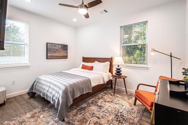 3405 Cedar St, Austin, TX 78705 - bedroom featuring wood finished floors, recessed lighting, and a ceiling fan