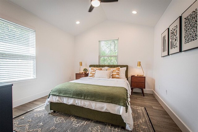 3405 Cedar St, Austin, TX 78705 - bedroom with multiple windows, wood finished floors, lofted ceiling, ceiling fan, and recessed lighting