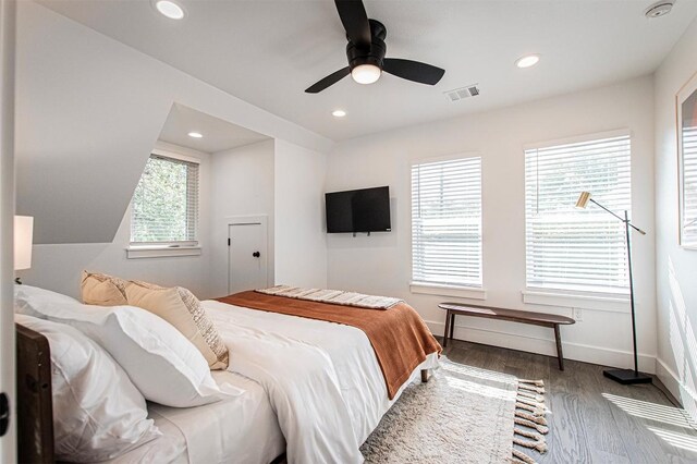 3405 Cedar St, Austin, TX 78705 - bedroom with wood finished floors, recessed lighting, and ceiling fan
