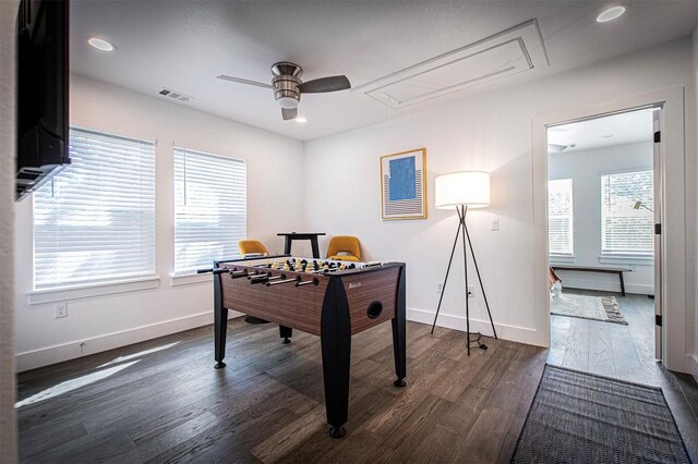 3405 Cedar St, Austin, TX 78705 - rec room featuring attic access, a ceiling fan, dark wood finished floors, and recessed lighting