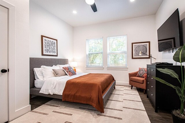 3405 Cedar St, Austin, TX 78705 - bedroom featuring recessed lighting, wood finished floors, and a ceiling fan