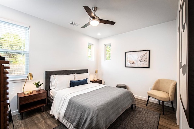 3405 Cedar St, Austin, TX 78705 - bedroom featuring dark wood-type flooring, recessed lighting, and a ceiling fan
