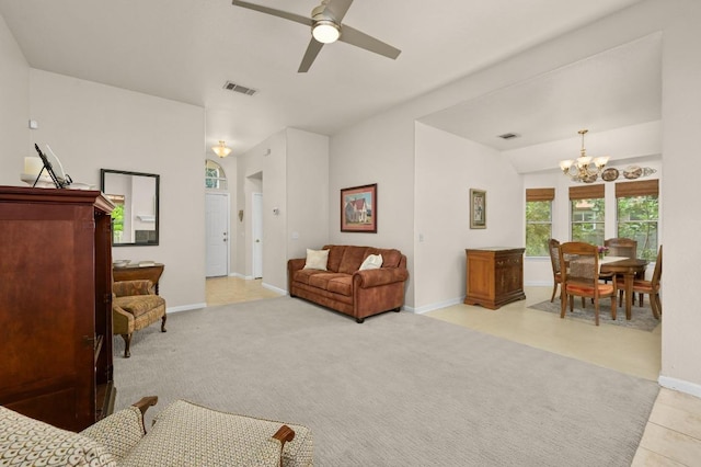 1831 Greening Way, Leander, TX 78641 - living area with a chandelier, a ceiling fan, and lofted ceiling