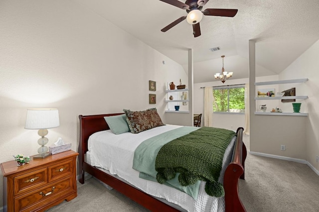 1831 Greening Way, Leander, TX 78641 - bedroom featuring carpet, a chandelier, vaulted ceiling, and a ceiling fan