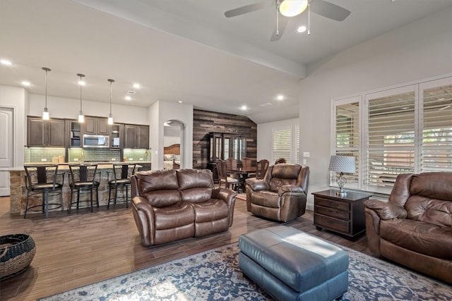 413 Fair Oaks Dr, Georgetown, TX 78628 - living room featuring ceiling fan, wood finished floors, and recessed lighting