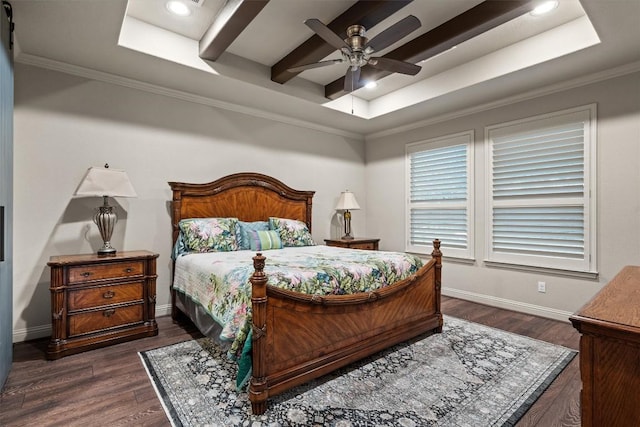 413 Fair Oaks Dr, Georgetown, TX 78628 - bedroom with a tray ceiling, dark wood finished floors, recessed lighting, ceiling fan, and ornamental molding