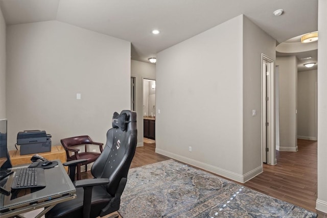 413 Fair Oaks Dr, Georgetown, TX 78628 - office space featuring wood finished floors, lofted ceiling, and recessed lighting