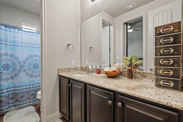 413 Fair Oaks Dr, Georgetown, TX 78628 - full bathroom with vanity, wood finished floors, and a shower with shower curtain