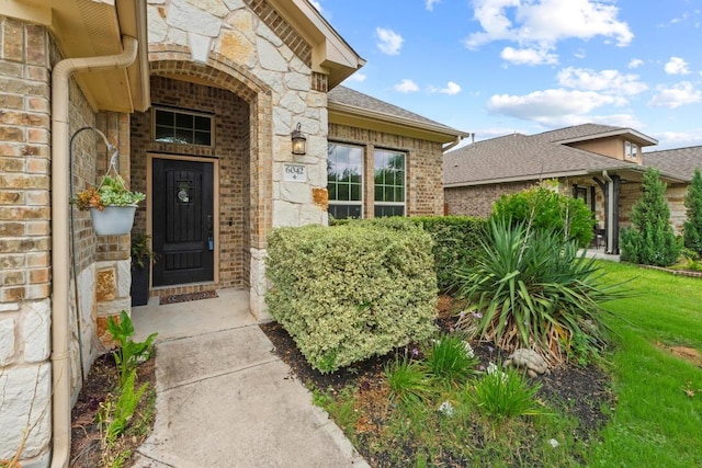 6042 Roma St, Round Rock, TX 78665 - entrance to property with brick siding, stone siding, a shingled roof, and a yard