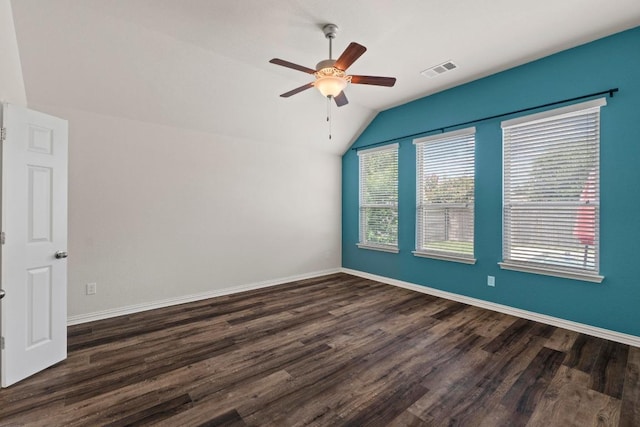 6042 Roma St, Round Rock, TX 78665 - empty room featuring a ceiling fan, lofted ceiling, and dark wood finished floors