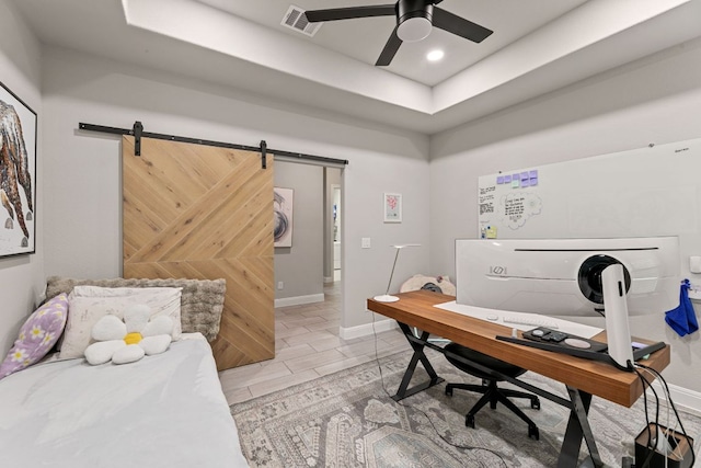904 Astoria St, Cedar Park, TX 78613 - home office featuring ceiling fan, a raised ceiling, a barn door, and recessed lighting